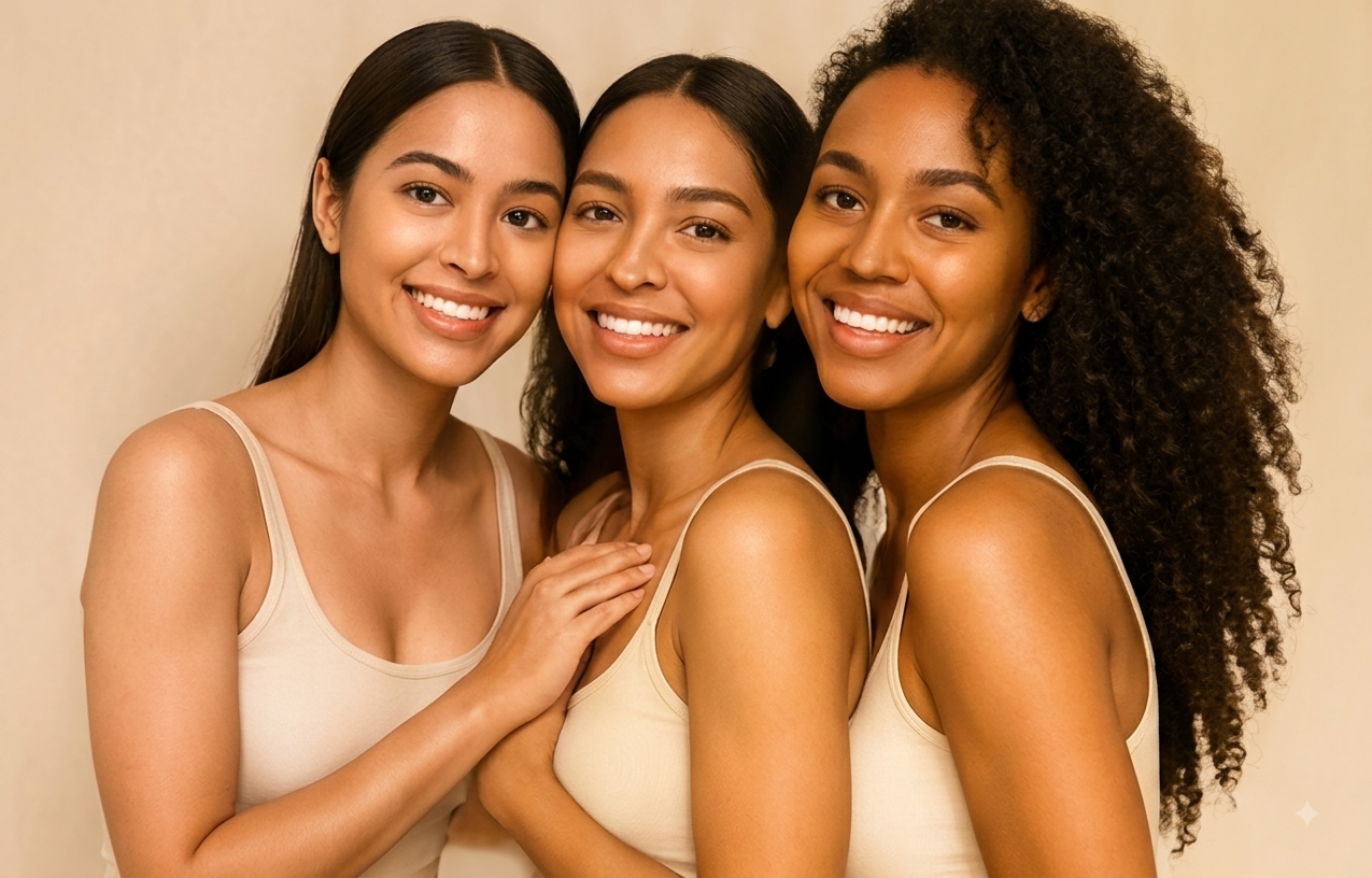 Three happy smiling women with radiant glowing skin